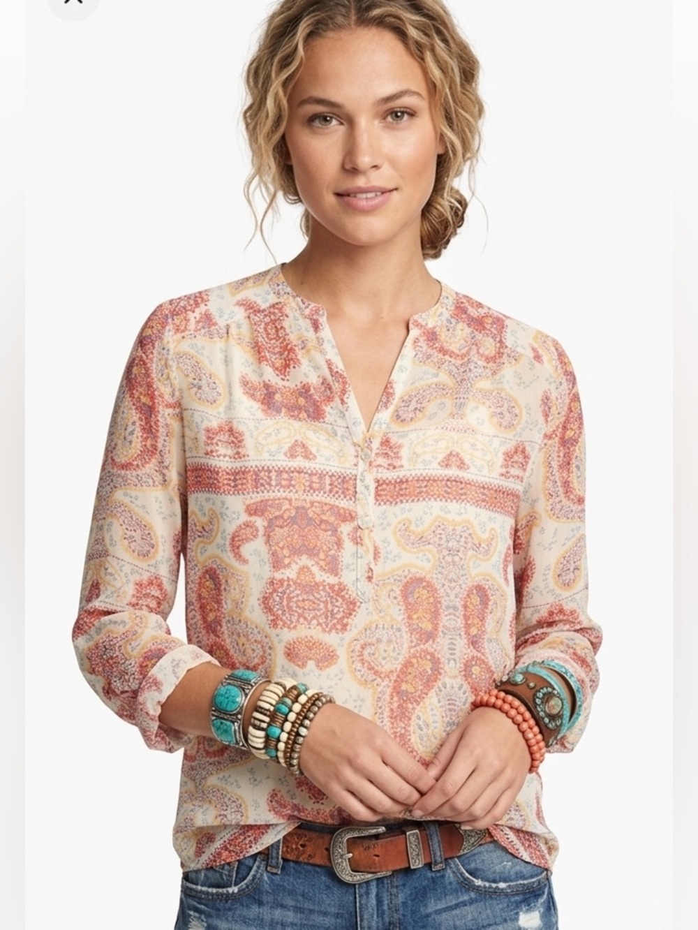 Violet & Claire Pink Paisley Floral Split-Neck Tunic Blouse
